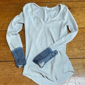 We The Free Cream and Blue Long Sleeve Thermal Top